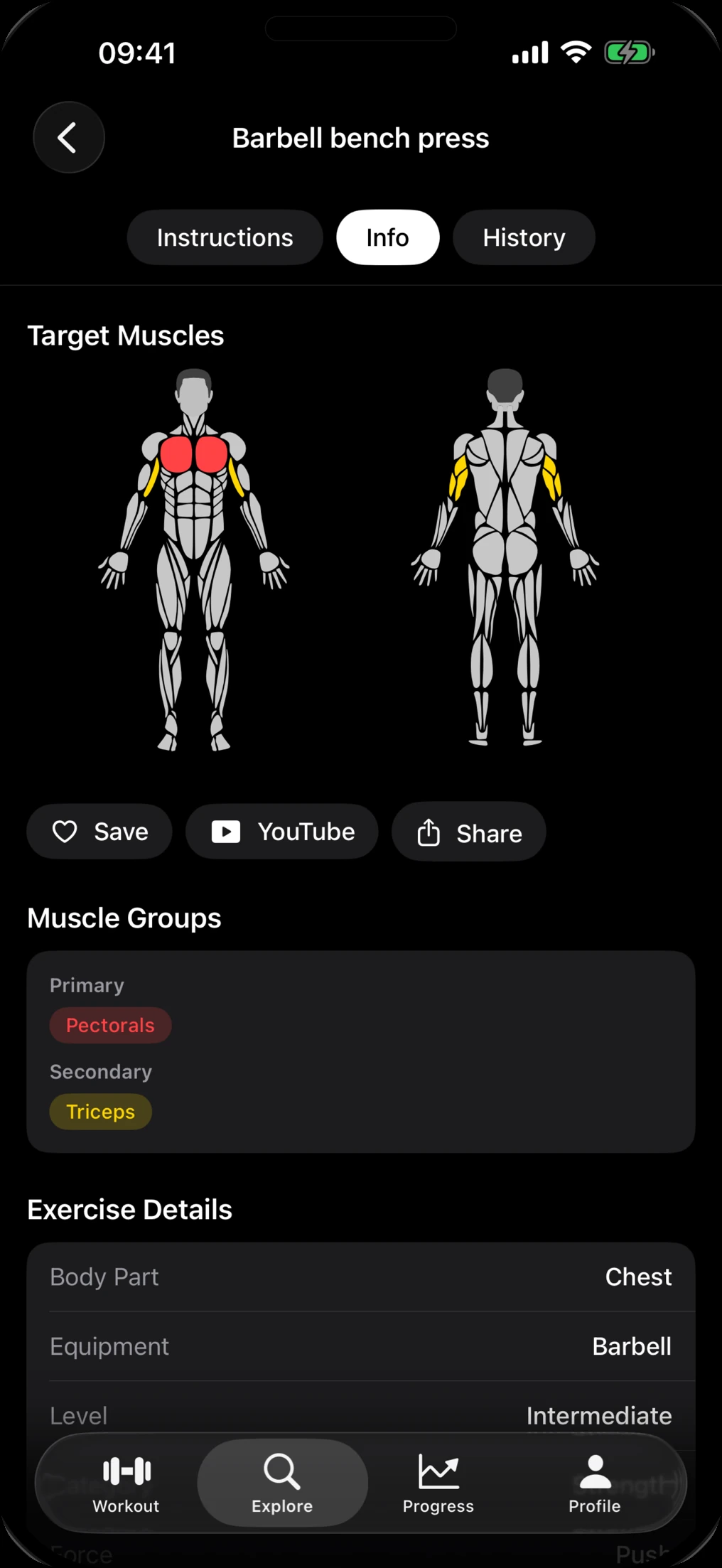 Exercise detail for the barbell bench press in Lift, highlighting chest as the primary and triceps as the secondary muscle