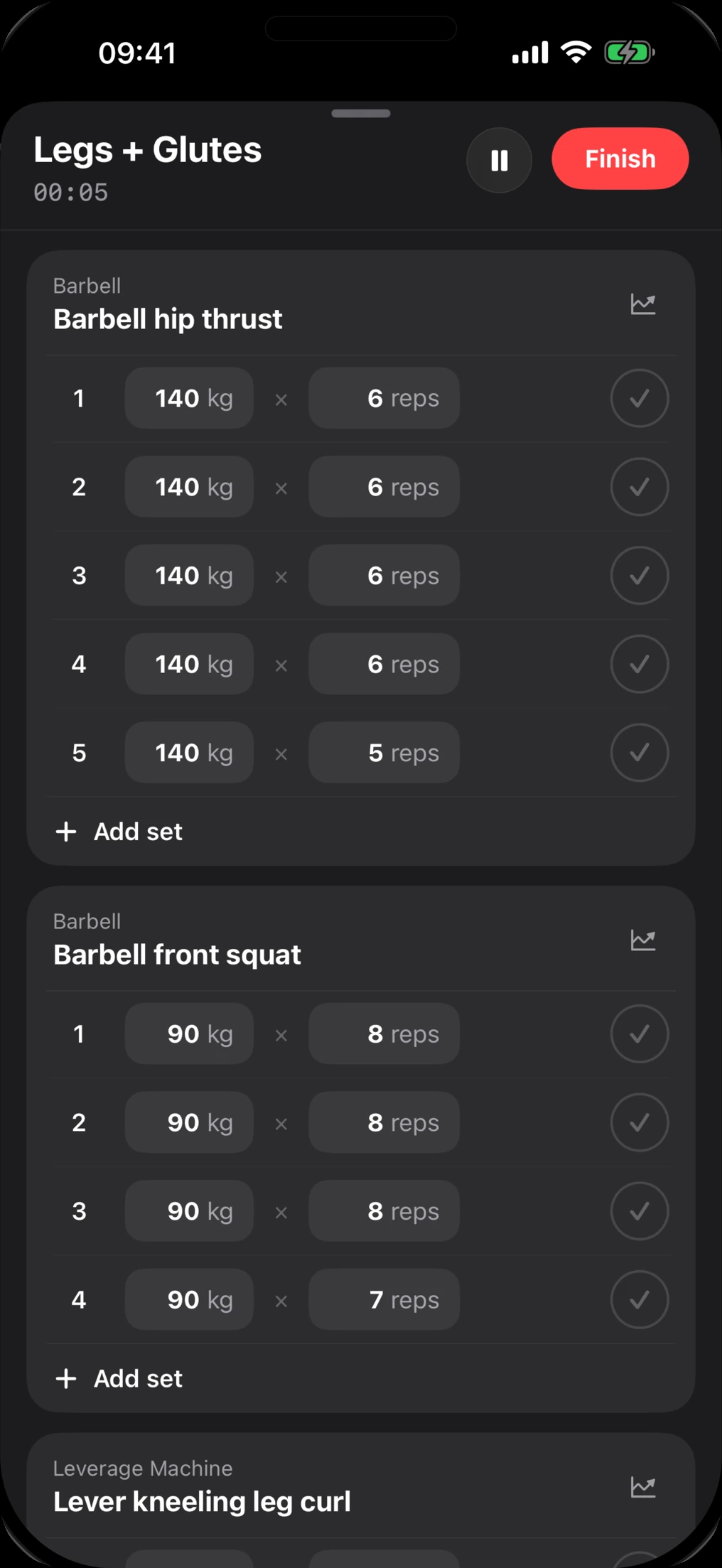 An active Legs + Glutes session in Lift: barbell hip thrust sets of 140 kg for 6 reps, each with a check button