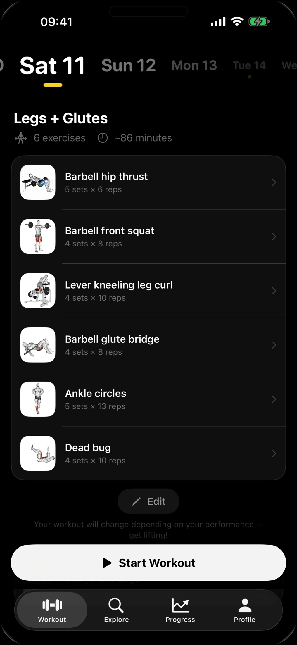 Lift's Workout tab showing Saturday's Legs + Glutes session: six exercises, about 86 minutes, with a Start Workout button