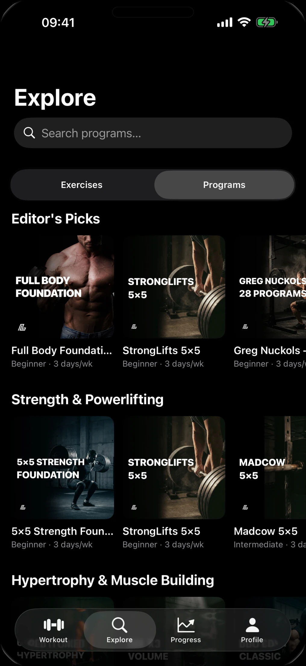 Lift's Explore tab with Editor's Picks and Strength & Powerlifting programs such as StrongLifts 5×5 and Madcow 5×5